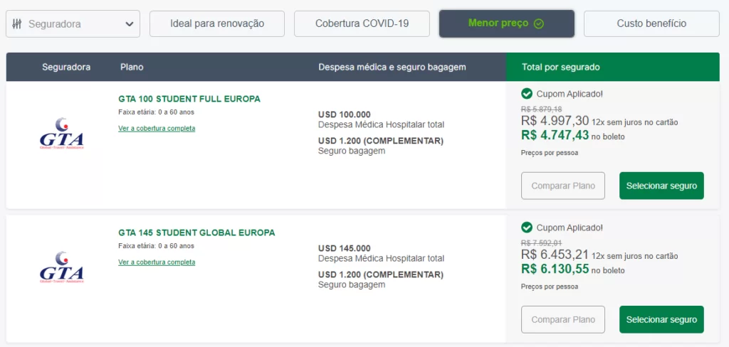 Pesquisa de Seguro Intercambio para Espanha na Seguros Promo